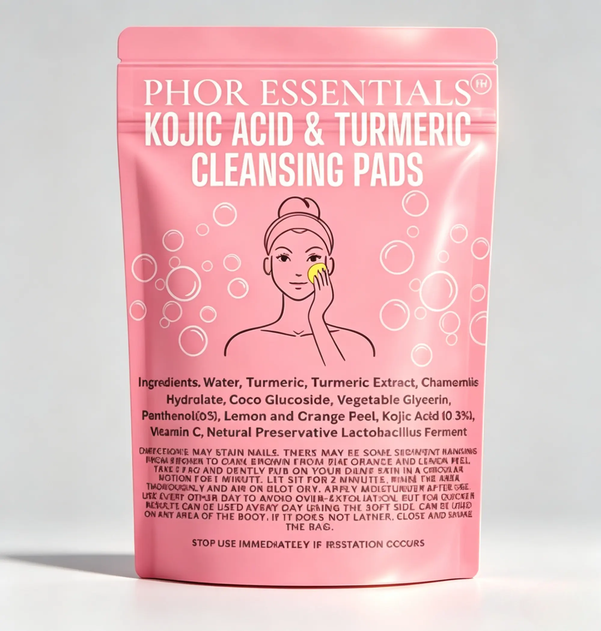 PHOR ESSENTIALS Gentle Organic Glow Facial Cleanser Exfoliating Pads - Daily Cleansing Formula with Turmeric, Kojic Acid, Chamomile