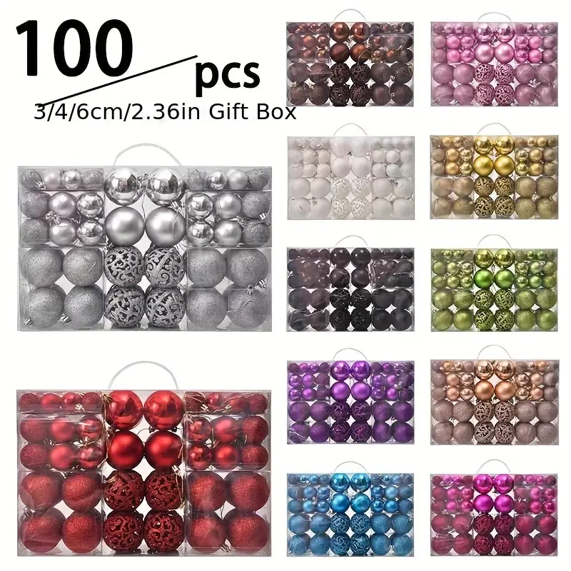 100pcs Classic Christmas Ball Ornaments Set, Shatterproof Plastic Round Tree Decorations, Festive Hanging Holiday Accents with Hand-Held Gift Box for Xmas, Party, Wedding Decor - No Feathers