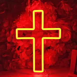 Cross Led Neon Light Sign Bedroom Wall Decor for Christening Shower Wedding Birthday Christmas Party Backdrop Gifts 11.8" X 8.66" USB Red