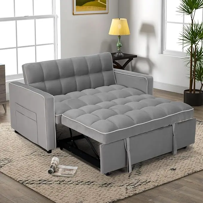 EBELLO 3-in-1 Convertible Velvet Sleeper Sofa Bed | Modern Loveseat Futon with Side Storage Pockets for Small Space, Grey&White Sofa Sets Upholstered Sofa