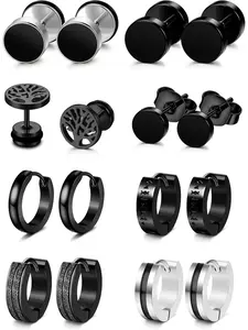 8 Pairs Mens Earrings Black Earrings for Men Stainless Steel Hypoallergenic Ear Piercing Black Hoop Earrings for Men Boys Hoop Earring Sets Ear Accessories Hoop Jewelry