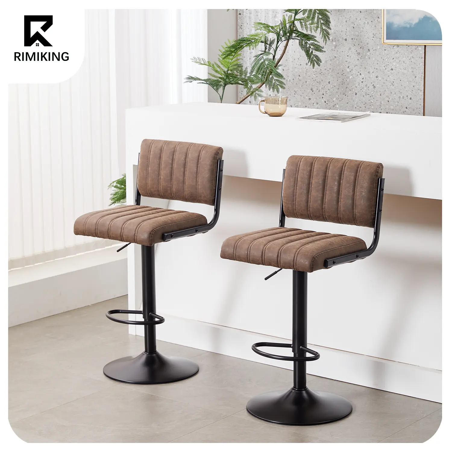 RIMIKINGRIMIKING Counter Height Swivel Bar Stools, PU Leather Adjustable Chairs with Back & Footrest, Set of 2 for Kitchen or Bar