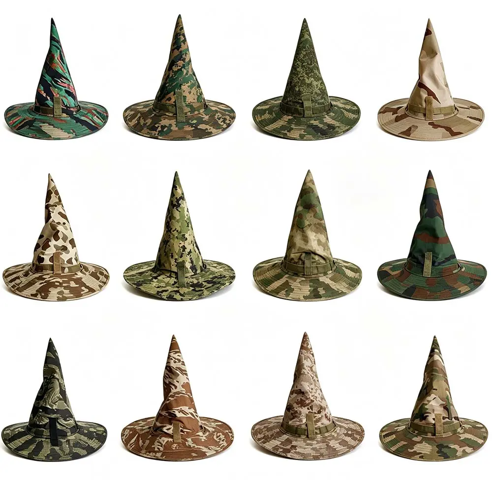 Magic Wizard Hat Tactical Camo Wide Brim Boonie Sun Hat Camouflage Bucket Hat Survival Bush Cap Halloween Cosplay Costume Accessories UV Protection Outdoor Adventure Gear for Men Outdoor Hunting Fishing Hiking Camping