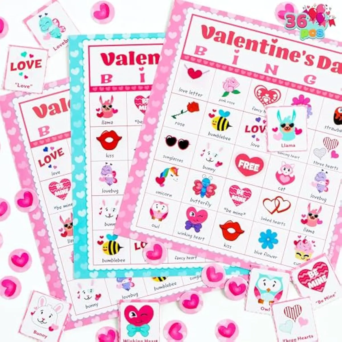 36 Players Valentines Day Bingo Cards (5x5) for Kids School Classroom Exchange Gift Rewards, Party Games, Indoor Family Activities