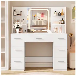 Vanity Set with Mirror,Makeup Vanity Desk Set with Power Outlet,Dressing Table with LED Light,White