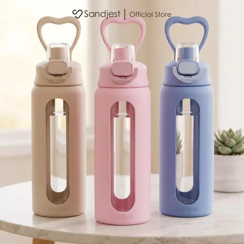 SANDJEST 24oz Reusable Glass Water Bottle with Silicon Sleeve, Push Button Handle Lid, Great for Gym, Work, Travel, Motivational Bottles for Fruit, Tea, Hydration, Christmas Birthday Gift for Her Women