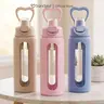 SANDJEST 24oz Reusable Glass Water Bottle with Silicon Sleeve, Push Button Handle Lid, Great for Gym, Work, Travel, Motivational Bottles for Fruit, Tea, Hydration, Christmas Birthday Gift for Her Women