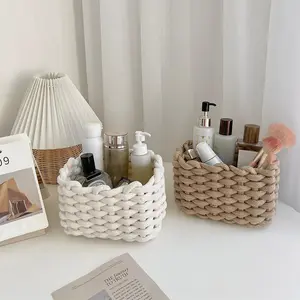 Woven Storage Basket, Portable Handmade Desktop Cosmetics Organizing Storage Basket, Home Organizer for Living Room Bedroom,Aesthetic Minimalist Decor Cotton Wooden Lightweight
