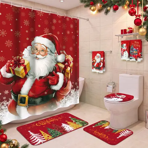 6/8 PCS Christmas Bathroom Decor Santa Claus Bathroom Makeover 72x72 in Waterproof Shower Curtain Set for Bathroom Non Slip Rugs Toilet Lid Cover Santa Snowman Christmas Decor for Guest Bathrooms Holiday Xmas Gifts