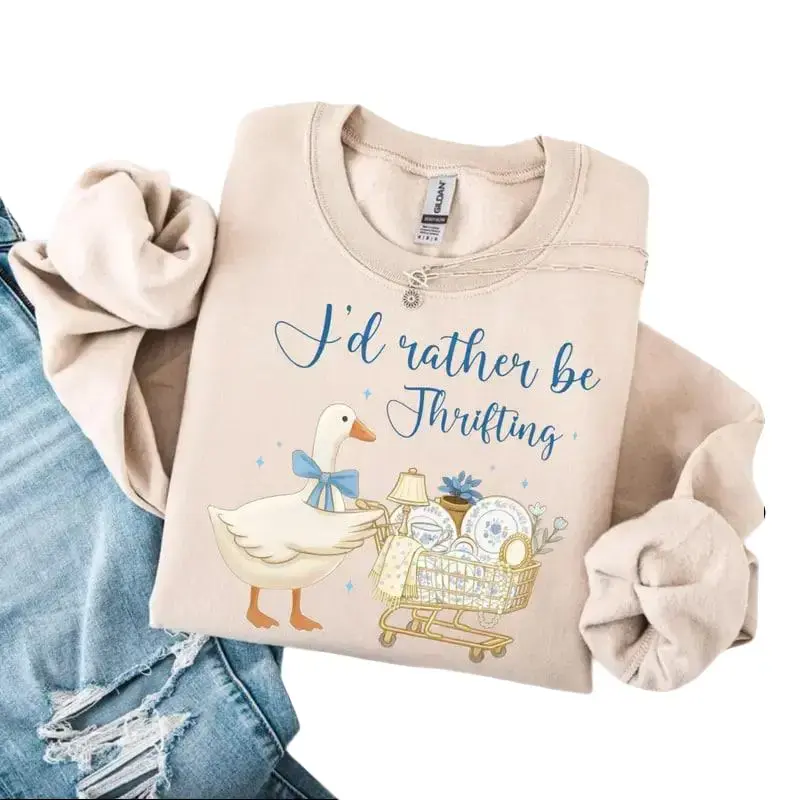 Women's Casual Cotton Printed Tops - "I’d Rather Be Thrifting" Funny Goose Retro Thrift Aesthetic Blue Gold Vintage Sweatshirt & Tee