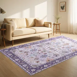 Purple 0.3″ Low Pile & Non-Shedding Boho Large Carpet Rugs,Washable  Large Faux Wool Throw Rug,Floral Print Rugs for Living Room,Dining Room, Bedroom, Office,Non-Slip Backing Floor mat,,4x6 Feet,5x7 Feet,6x9 Feet