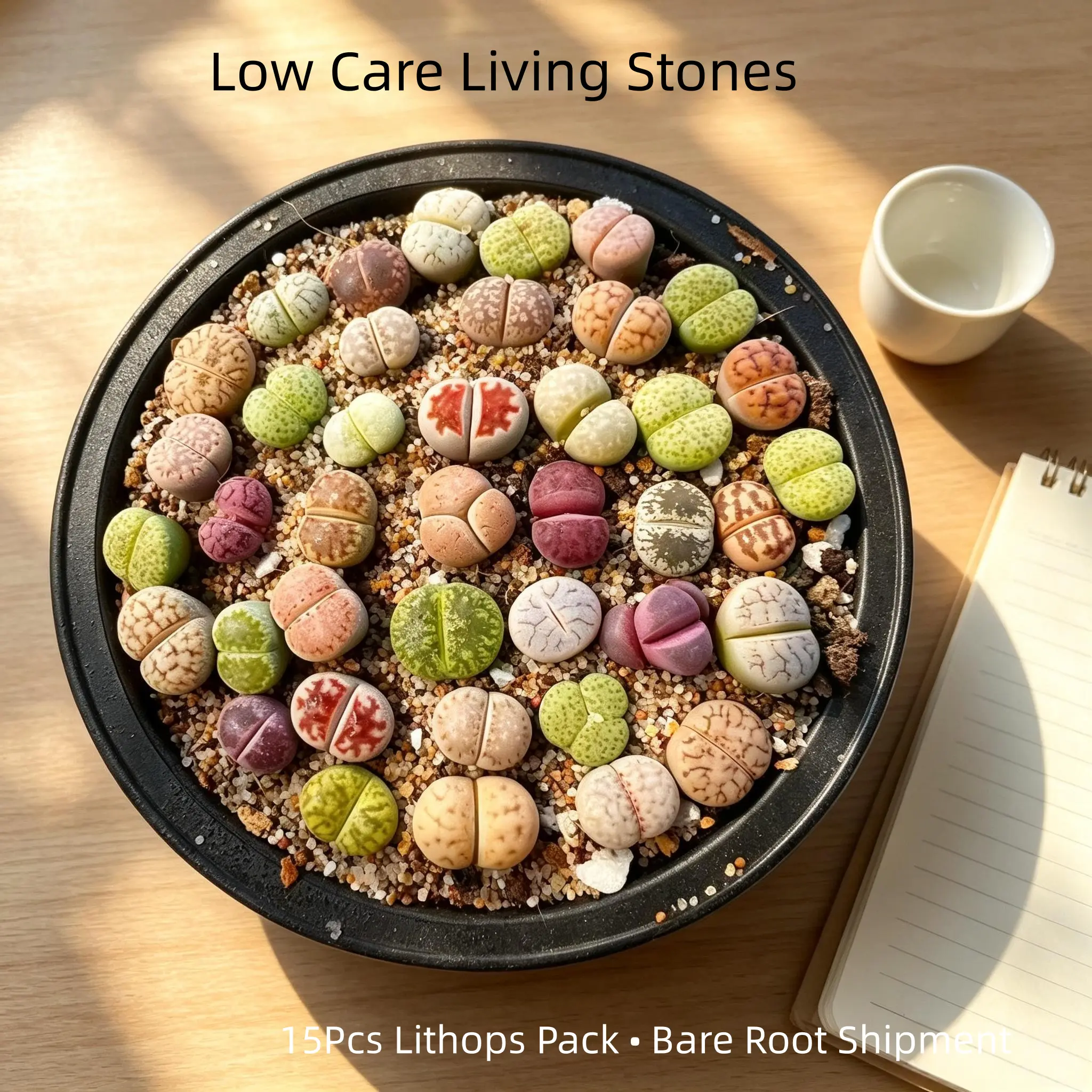 Aesthetic Mixed Color Lithops Living Stones 15 Pack Bare Root | Minimalist Indoor Decor Stone Succulent