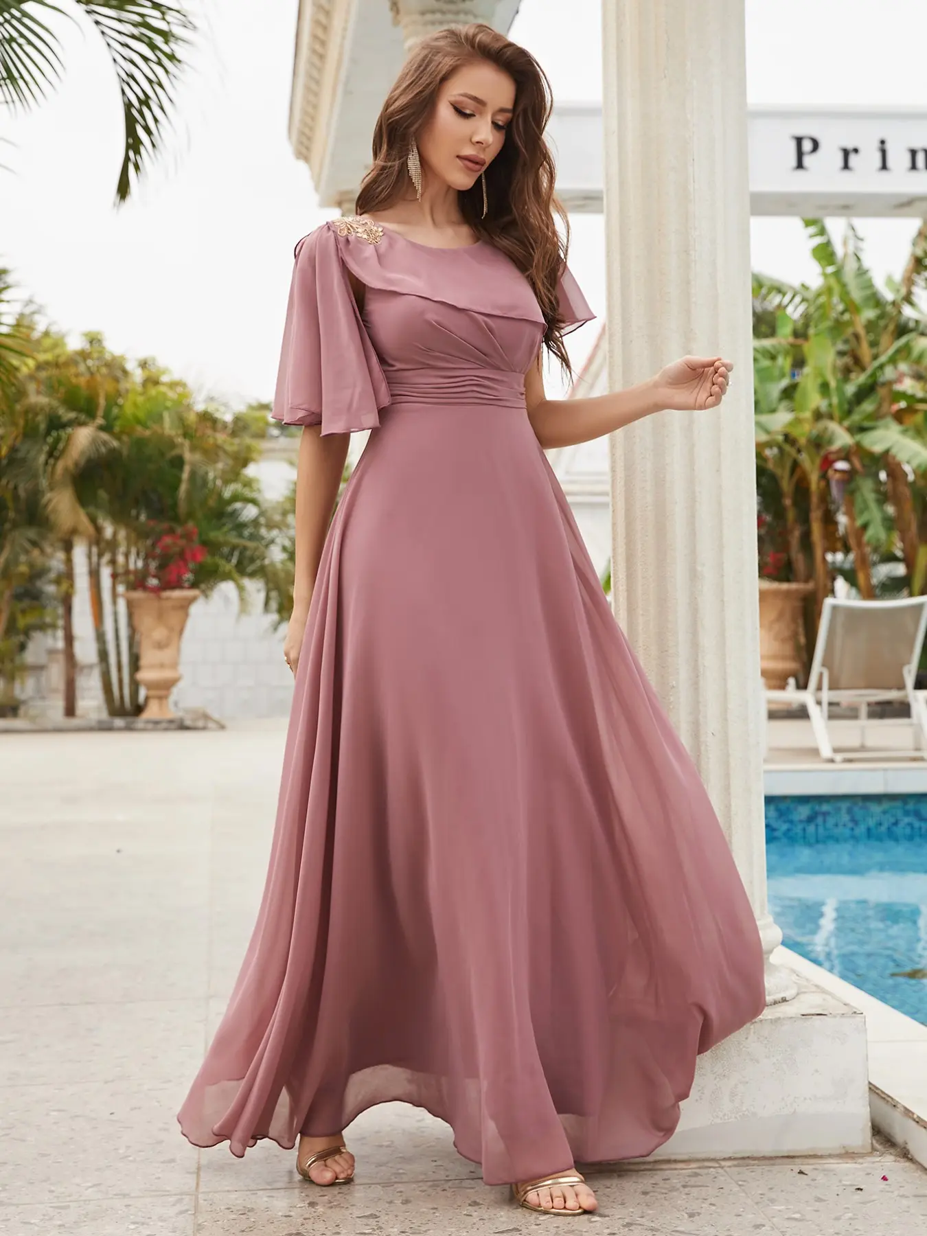 Elegant Round Neck Short Embroidered Floral Design Waist Cinched Pleated A-Line Lightweight Flowy Chiffon Maxi Formal Wear Bridesmaid Dress, Pure Color Party Gown Women