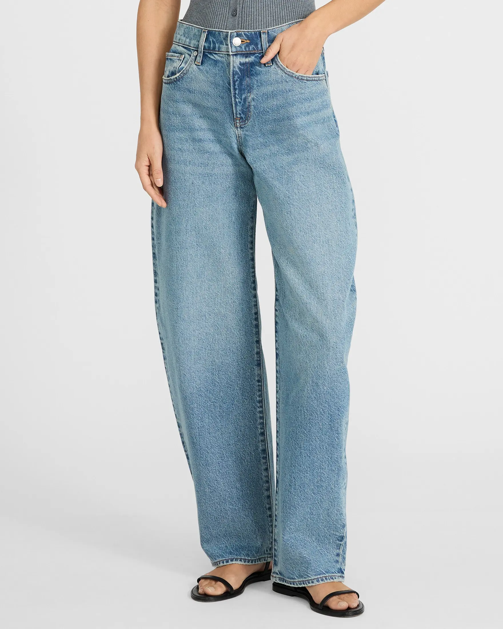 Express High Waisted Barrel Medium Wash Jeans
