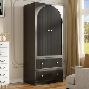 PAKASEPT Armoire Wardrobe with 2 Striped Doors, Freestanding Wooden Wardrobe Cabinet with with 2 Drawers & Hanging Rod, for Bedroom, Living Room, Black