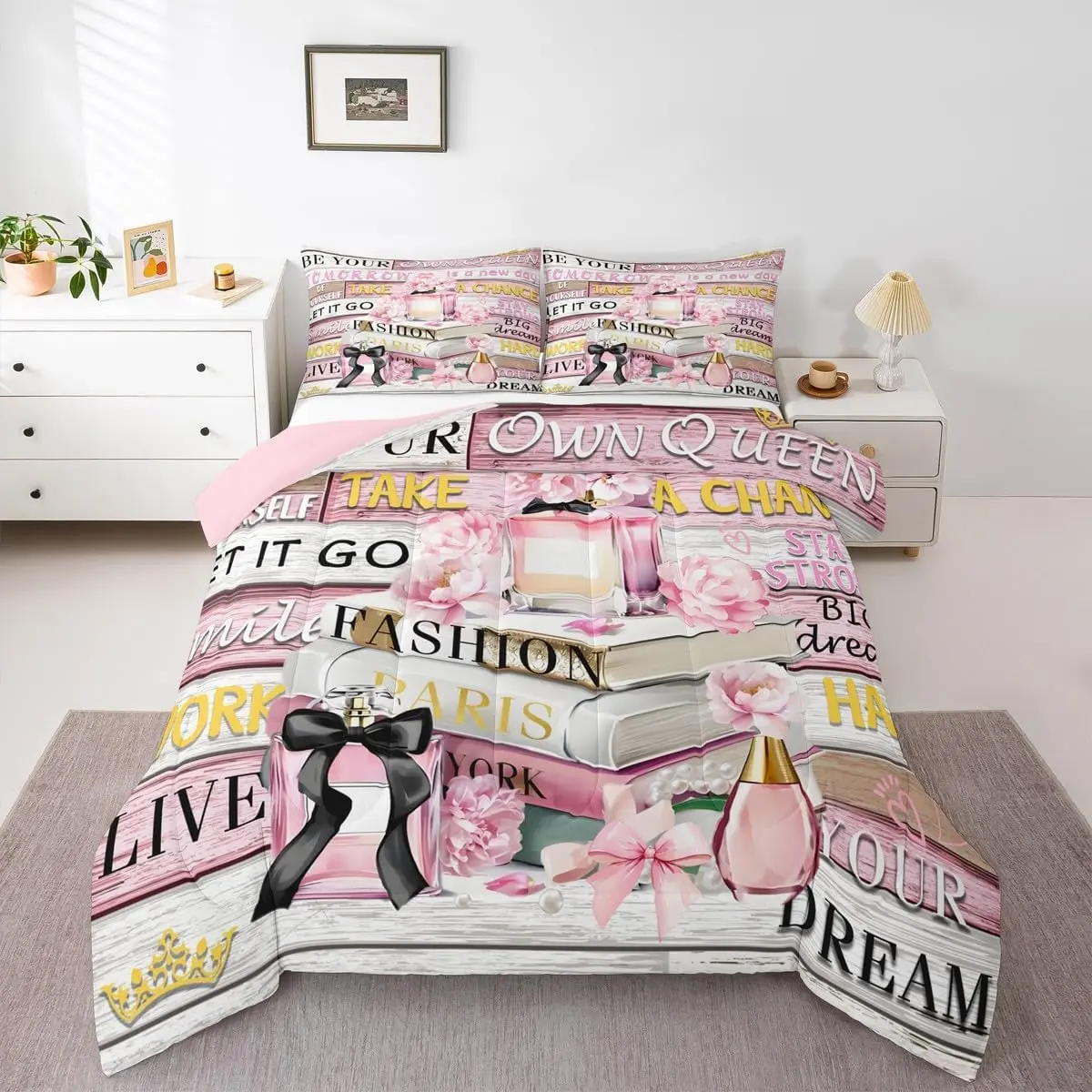 Feelyou Queen-Twin Size Bedding Set - Pink Fantasy Aesthetic Boho Preppy Paris Perfume Theme, Bowknot Design Soft U-Stitch Blanket with Cute Accents, Bedroom Use, Travel Friendly, Set Includes Pillows for Girls, Soft Blanket