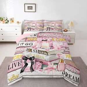 Pink Fashion Floral Comforter Set for Girls Women Kids,Fantasy Aesthetic Modernas Bed Set,Boho Funny Cute Paris Perfume Preppy Dreamy Bow Quilt