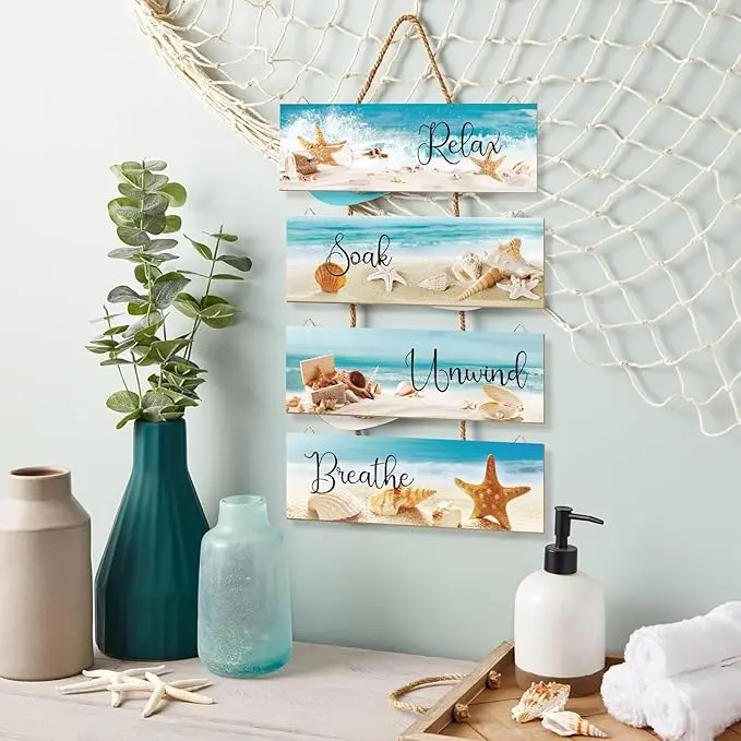 4Pcs Hangable Light Ocean Beach Wood Sign Wall Art Plaques - Home Decor, Fancy Elegant Font, Soothing Stress Relief Hooks, Coastal Farmhouse Bathroom & Living Room Hanging Wooden Gift Set