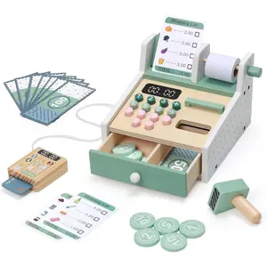 Wooden Kids Cash Register Toy with Scanner & Play Money, Montessori Educational Maths Toy for 2-5 Year Old Toddlers, Role Play Learning Resource Birthday Gift