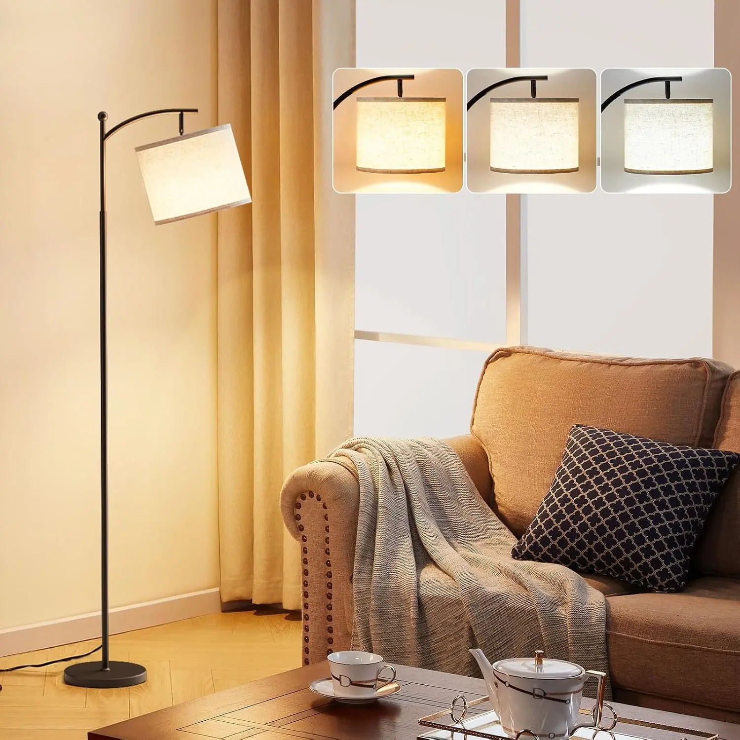Ambimall 60" Modern Floor Lamp with Beige Shade, 9W LED Bulb | 3 Color Temperatures Bulb, Adjustable Linen Shade, Standing Lamps for Living Room Bedroom Office Classroom Dorm, Black Pole
