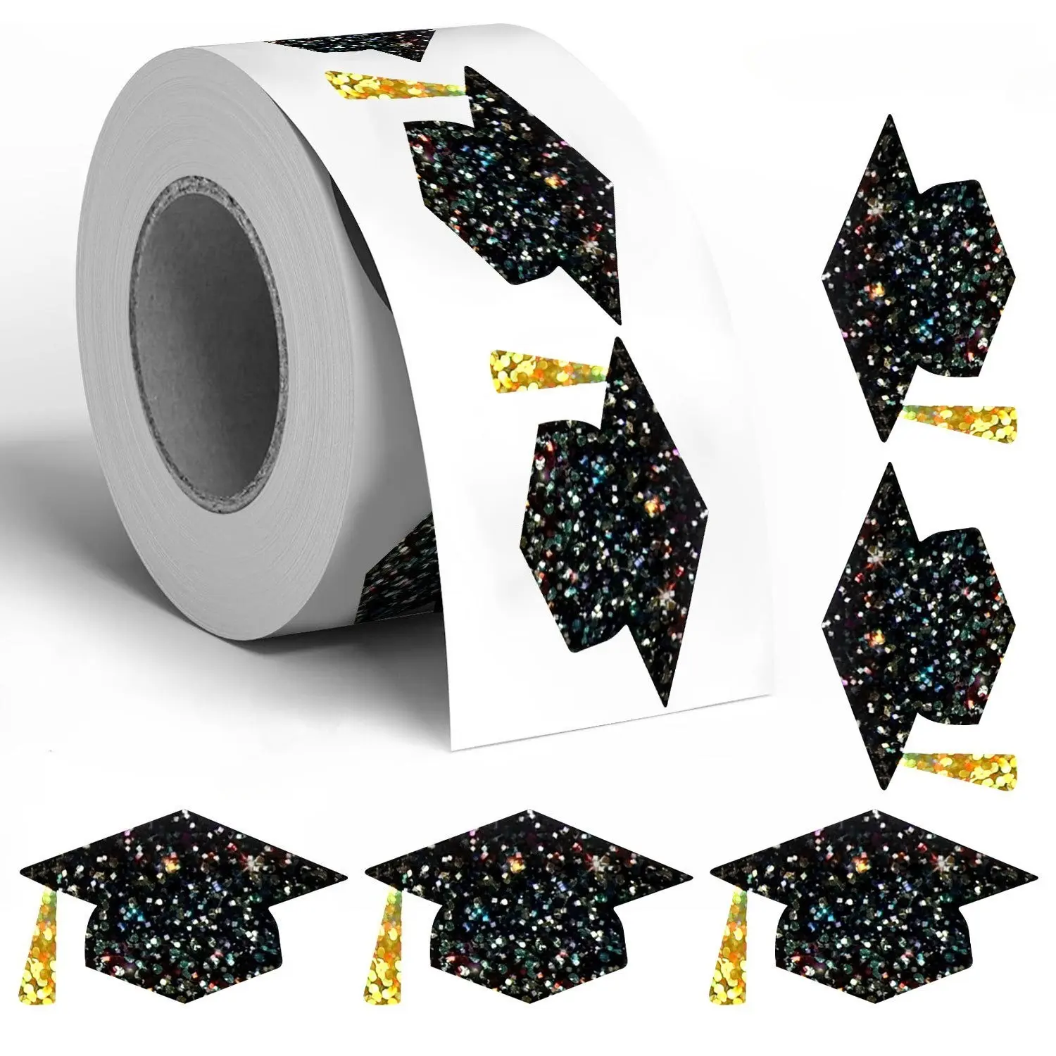 1roll/500pcs of Holographic Stickers Featuring Graduation Caps, Black And Golden Round Self-Adhesive Labels, Self Adhesive Decal, Sticky Labels, Ideal for Gifts And Decorative Accents at Graduation Events And Celebrations