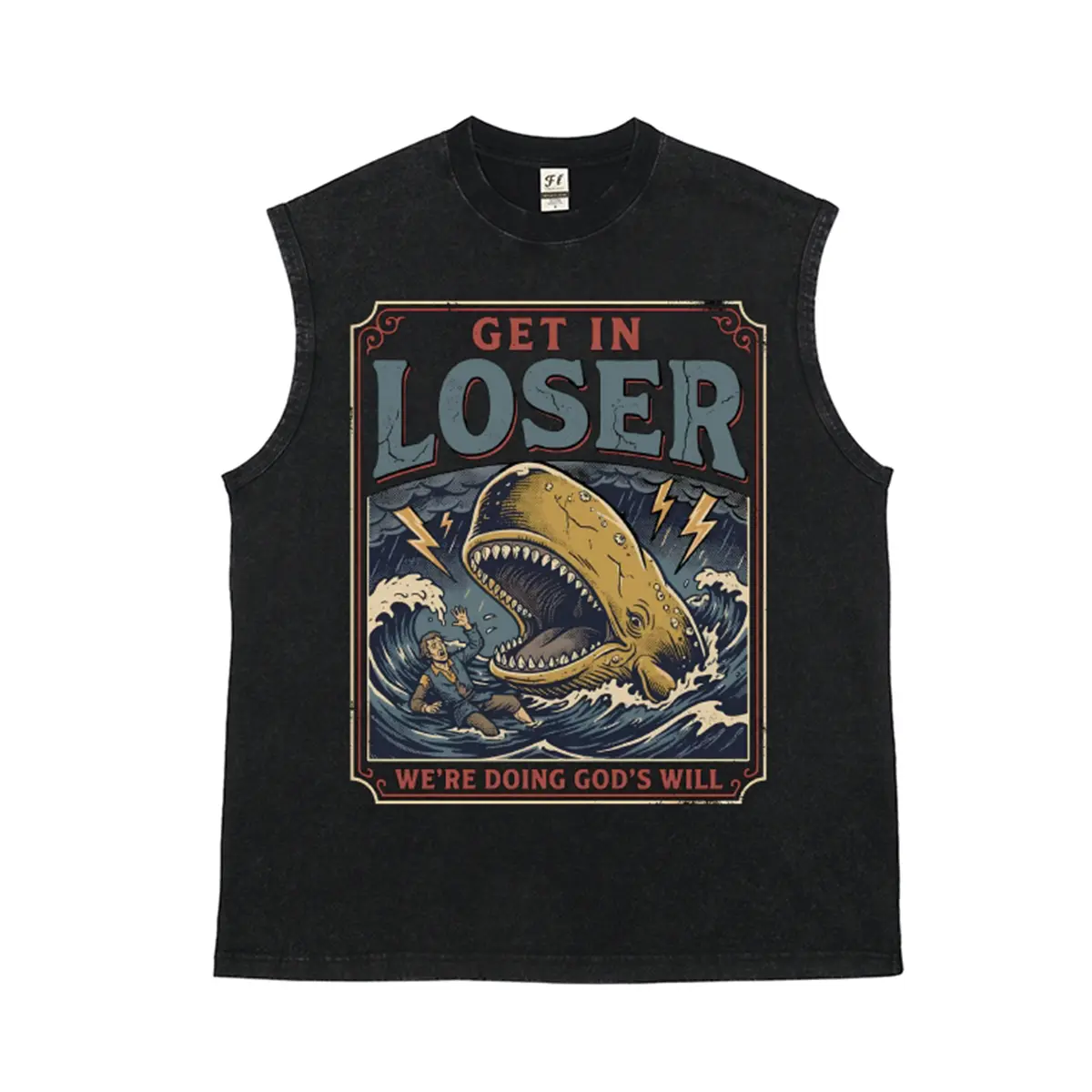 Unisex WE'RE DOING GOD'S WILL The Bible The Story of Jonah and the Whale Graphic Washed Vest Personalized Pattern Y2k Clothing Round Neck Washed Vest,Women's Clothing 100% Cotton, Menswear, Top, Vintage Style,Summer Casual Oversized