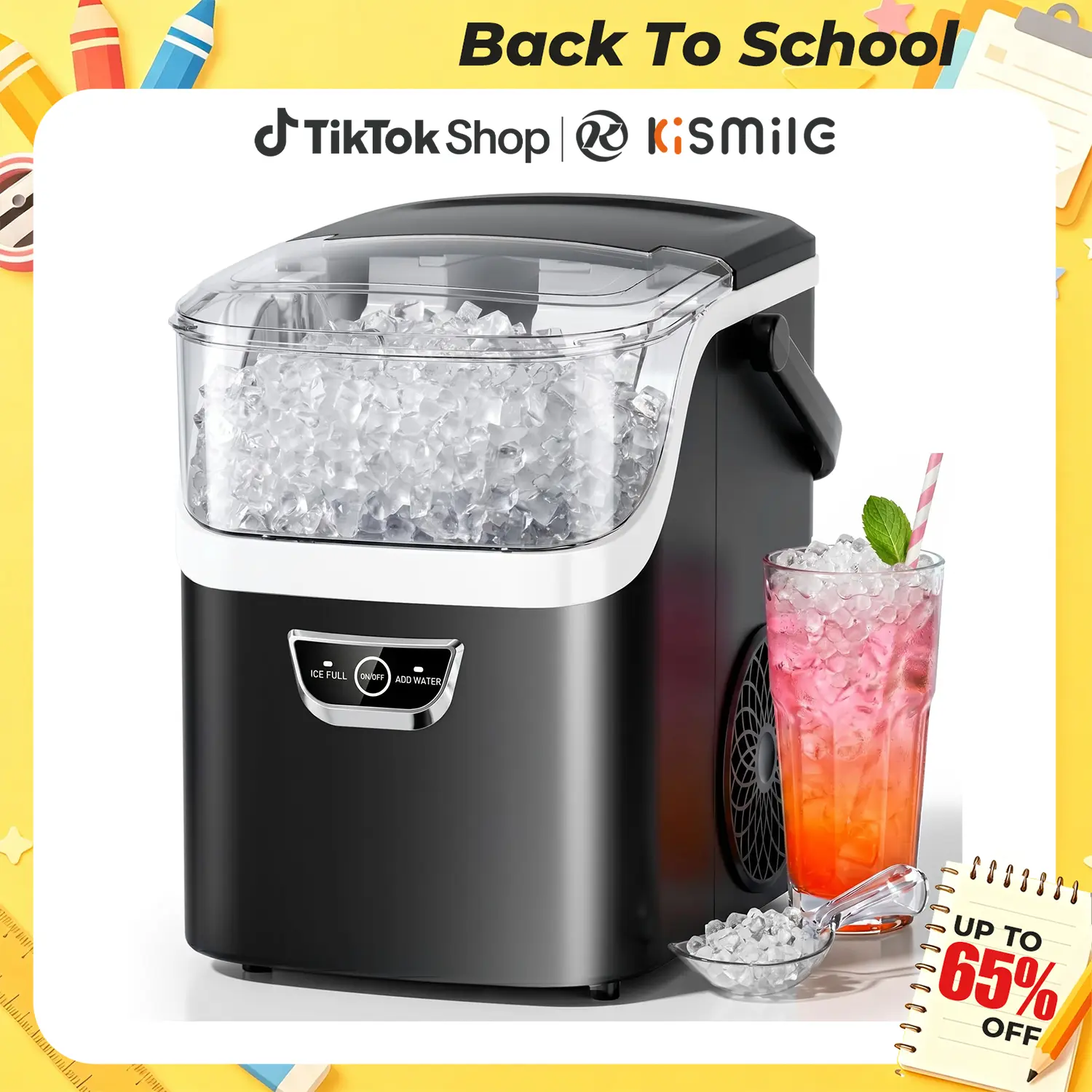 Back To School - Kismile Nugget Ice Maker Countertop with Handle, Crushed Ice Ready in 5 Mins, 35lbs/Day, Self-Cleaning, Portable Ice Machine with One-Click Operation for Home/Kitchen/Party/RV/Camping, Scoop, Automatic