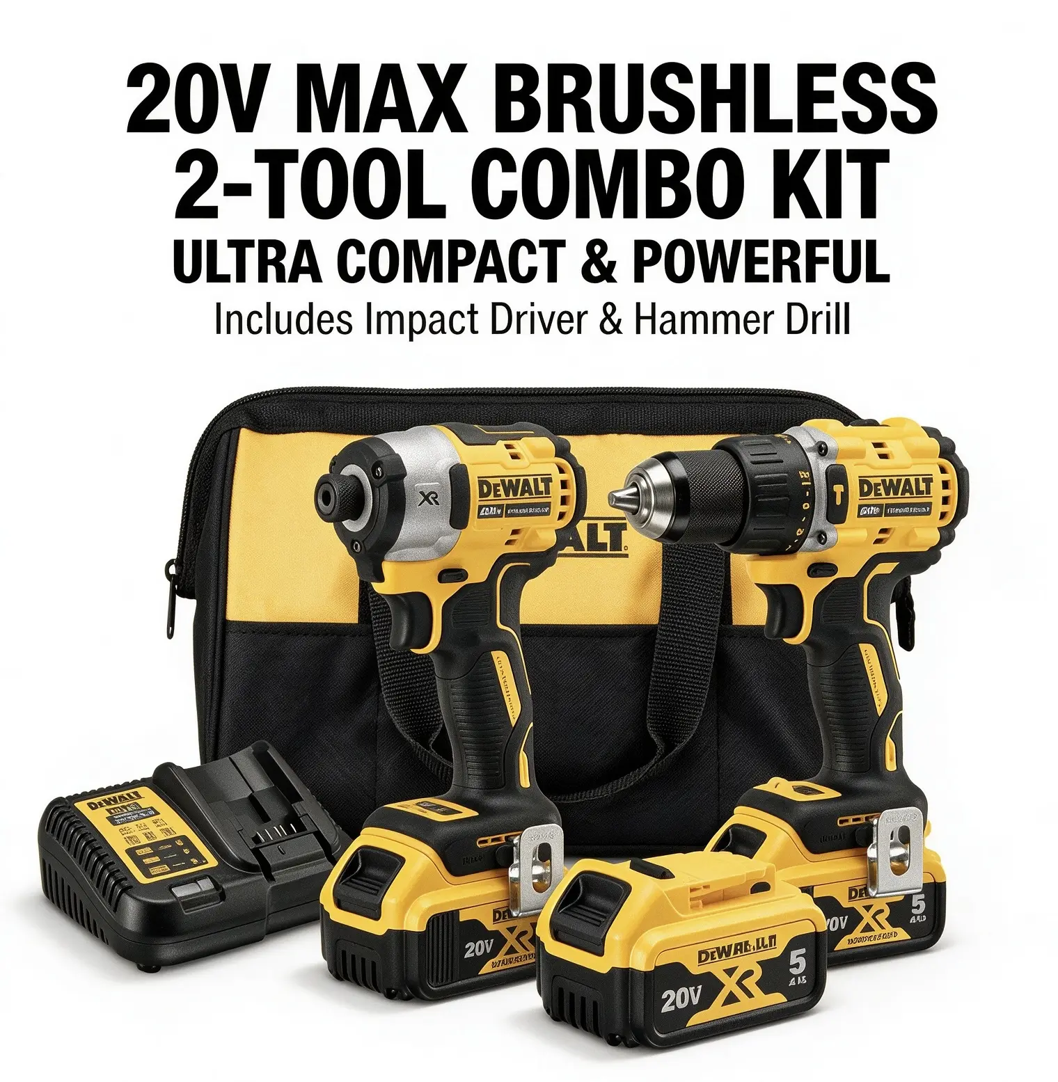 DEWALT 20V MAX XR Brushless 2-Tool Combo Kit DCD805 Hammer Drill And DCF850 Impact Driver With Dual Batteries Charger And Case For Construction And Repair finisher wall mount