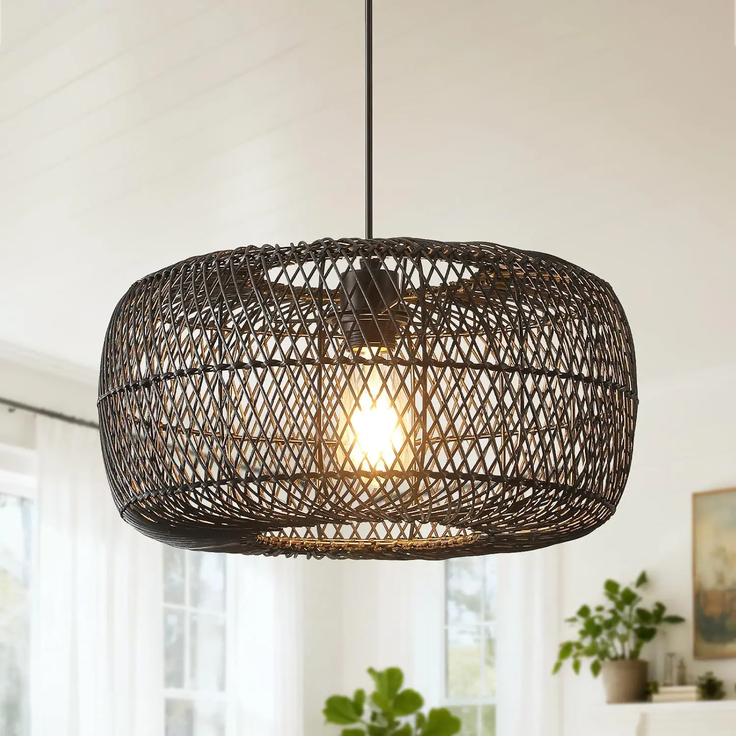 16in Black Rattan Adjustable Round Drum Pendant Light - Hand-Woven Boho Wicker Indoor Hanging Fixture, 60W Line Voltage AC Power, for Kitchen Island, Indoor Use