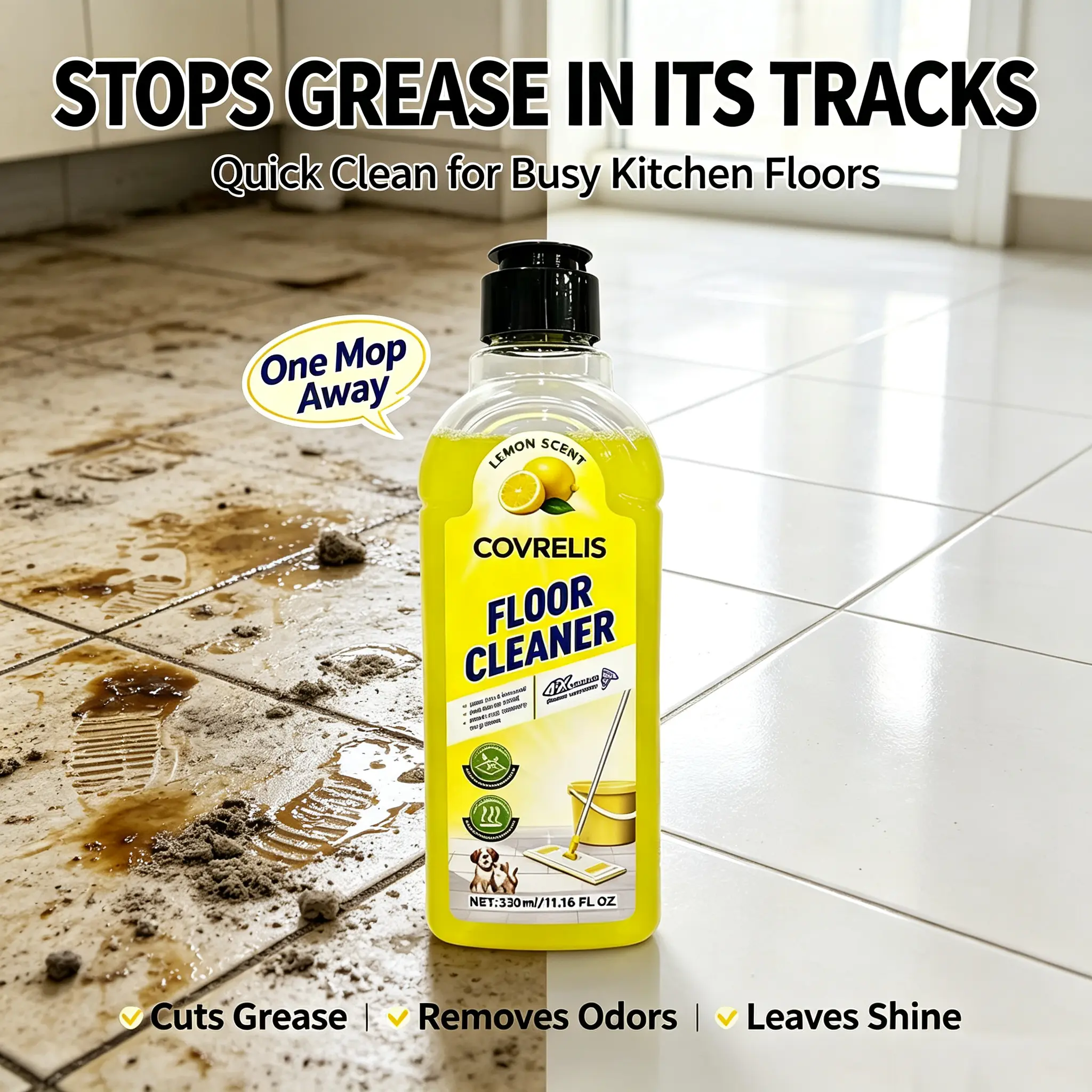 COVRELIS Floor Cleaner, Lemon Scent — suitable for tiles and wooden floors; long-lasting freshness, removes everyday stains and dust; pet-friendly, ideal for home use.