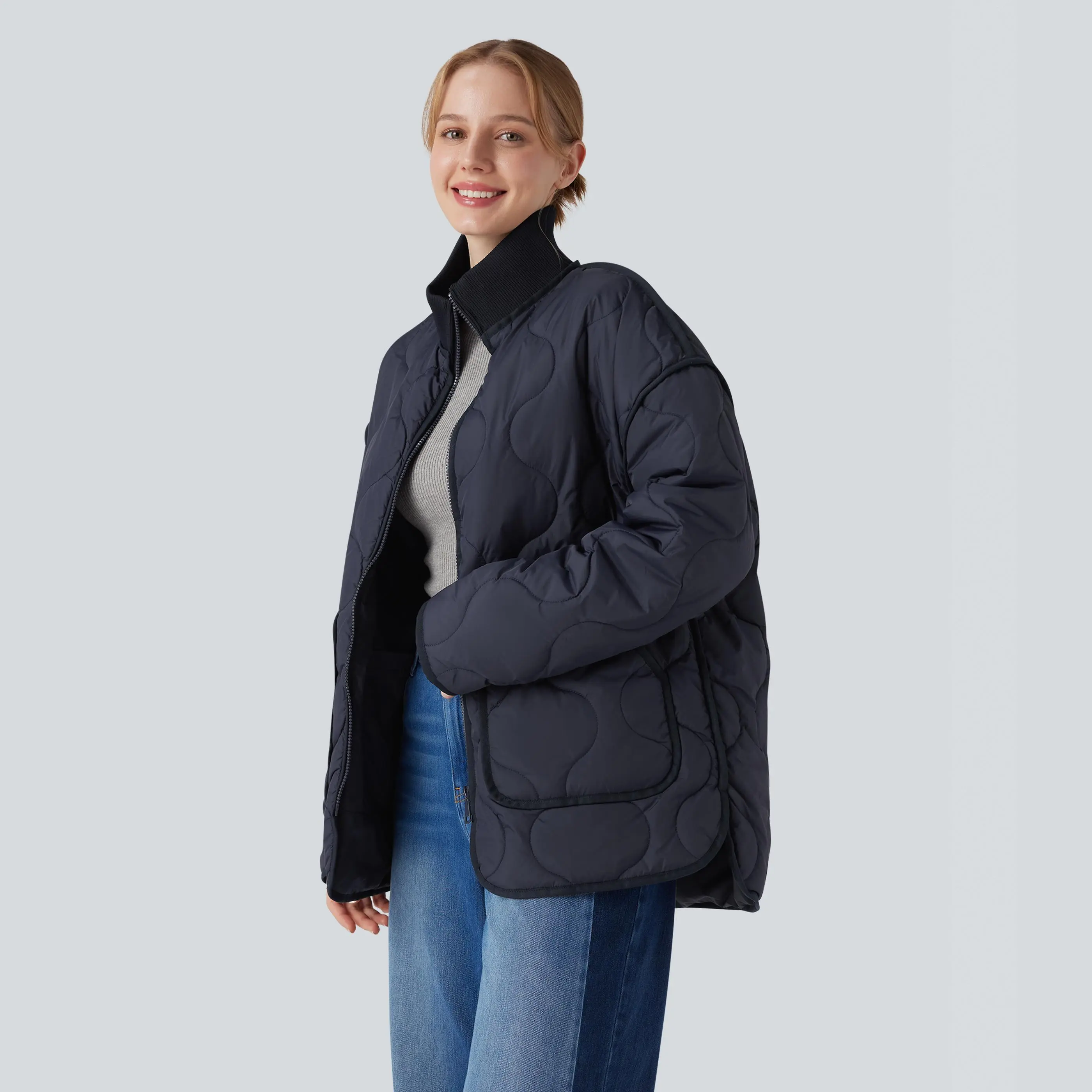 Halara High Neck Zipper Long Sleeve Casual Quilted Jacket with Pockets
