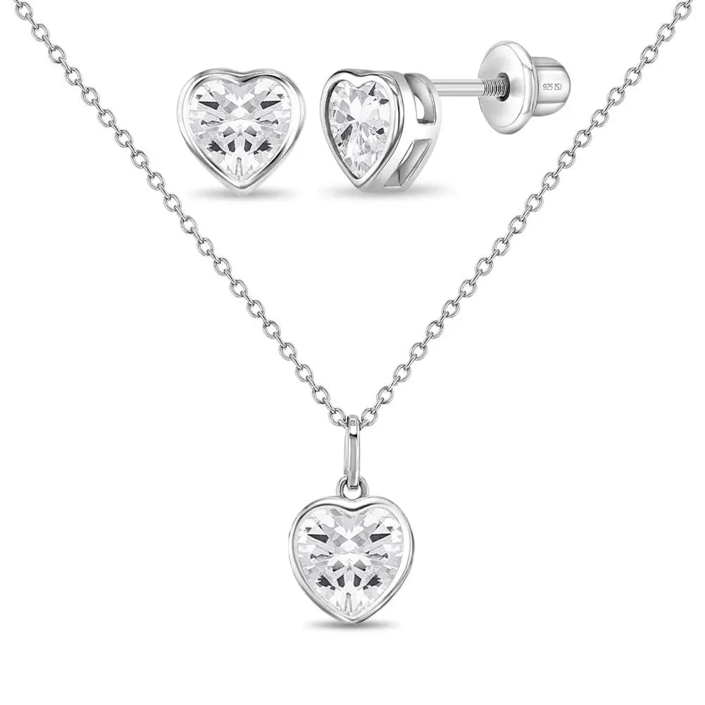 925 Sterling Silver Small Simulated Diamond Heart Necklace Jewelry Set For Girls 925 Sterling Silver Small Simulated Diamond Heart Necklace Jewelry Set For Girls