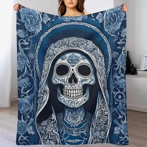 Blue Santa Muerte Blanket for Adults Kids Men, Día de losMuertos Flannel Skull Blankets Gifts, Day of the DeadThrow Blanket for Sofa Couch Bed Living Room SoftWarm Cozy Skull Decor