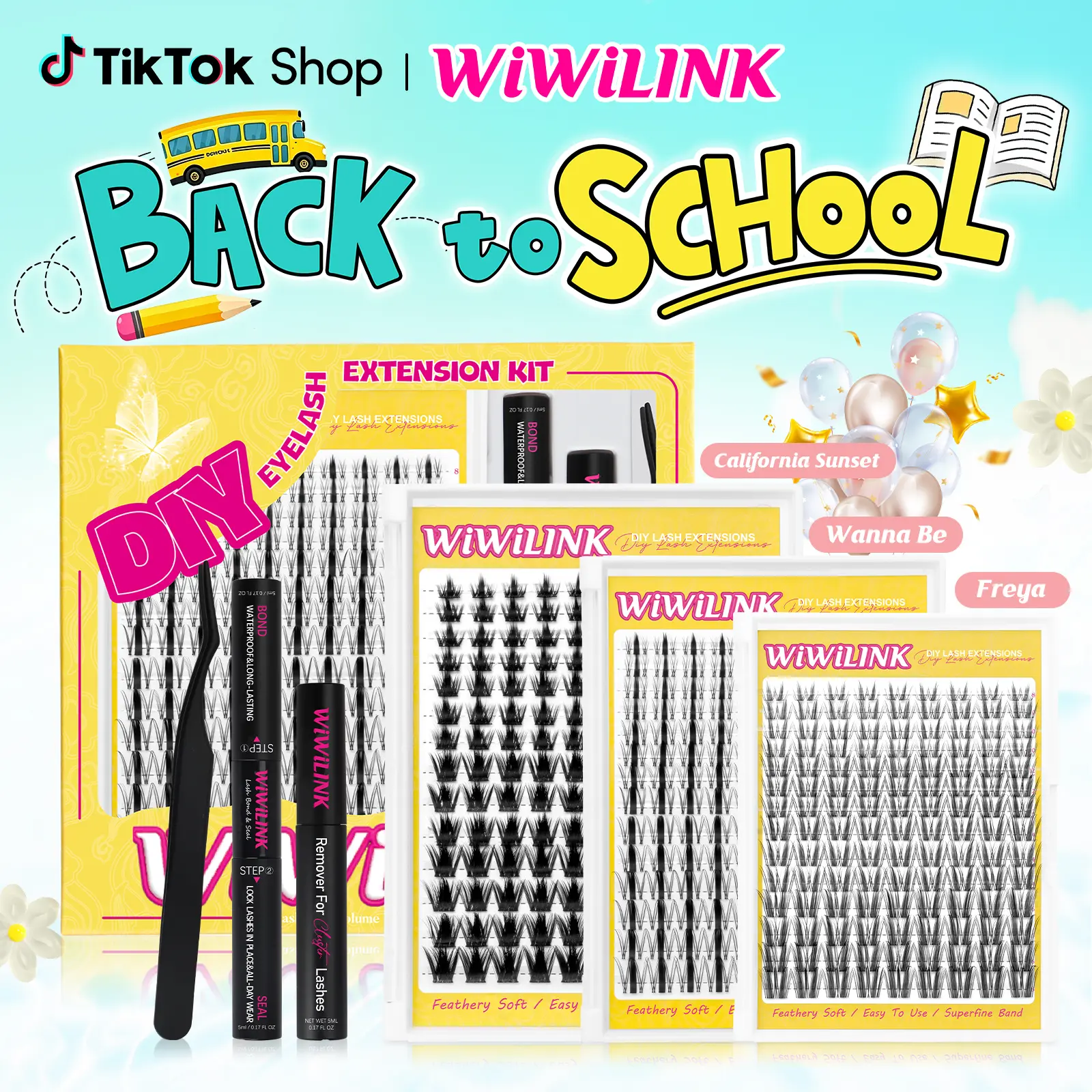 WiWiLINK Sunset Wanna Be Freya Manga Lashes Cluster C D Curl DIY Lash Extension Kit and Lash Clusters 8-18mm with Bond Seal and Remover - Ultra-Thin Transparent Bands, Lash Magic Anime False Lash Extension Kit Makeup Cosmetic Makeup Individual Eyelash