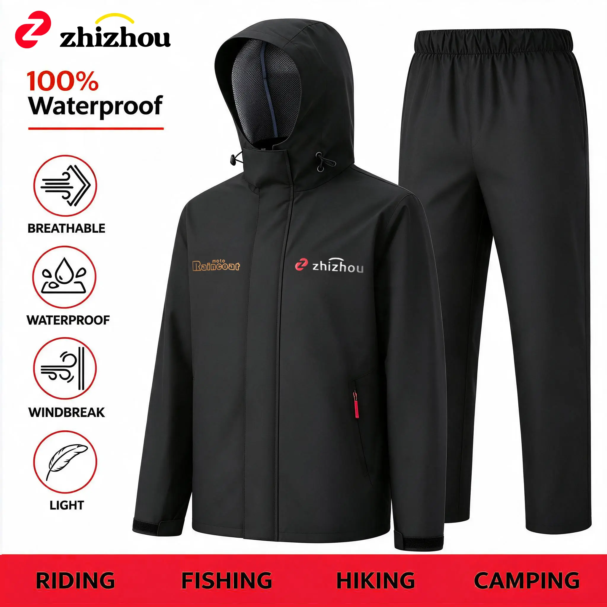 ZHIZHOU Waterproof Rain Suit for Men, Full Zip Hooded Lightweight 2-Piece Rain Gear - Breathable, Sealed Seams, Adjustable Hood Cuffs and Waist, Durable Rain Jacket and Pants Set, Perfect For Riding, Fishing, Outdoor work, Hunting, Hiking, Storage bag