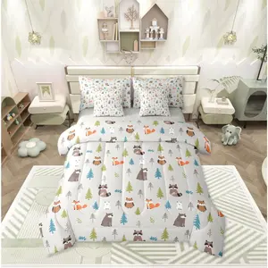 Woodland Animals 7 Piece Comforter Bed Set,Nursery Child Bedroom Cute Fox Bear Raccoon Bedding Set,Wildlife Sheet Set,Kids Cartoon Wild Animals Quilt