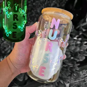 16 oz Nurse Holographic Glow in the Dark Glass Cup with Lid and Straw - Water Bottles, Bamboo Customized day tumbler