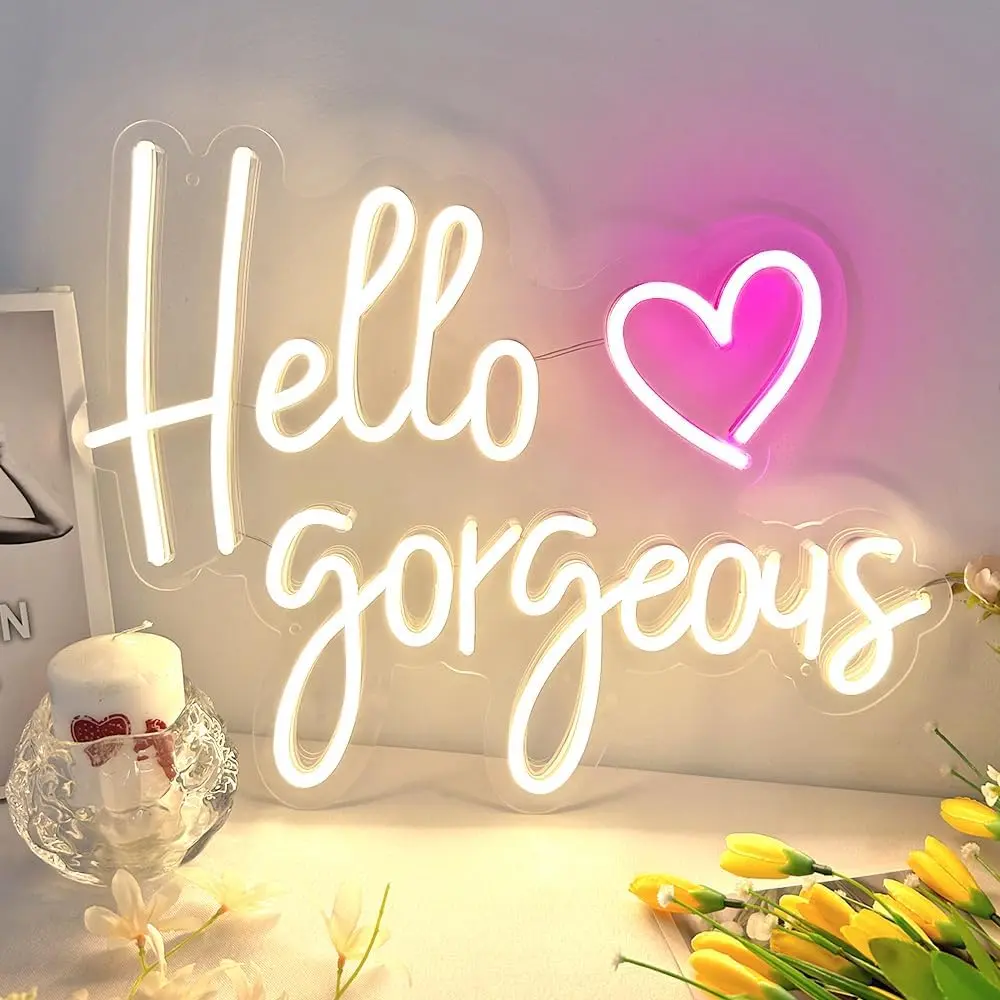 Hello Gorgeous Neon Signs  LED Light Hello Beautiful Wall Art Gift for Home Decoration Wedding Birthday Backdrop Bacelorette Party Wth Switch(5V,16.9X12.2inch) holiday