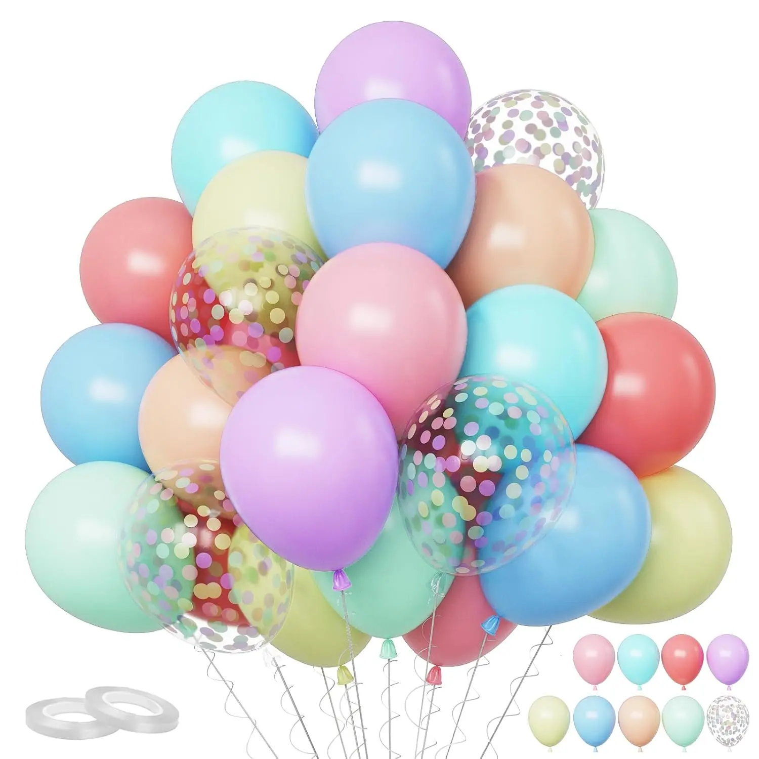 Pastel Balloons, 60 Pcs Party Balloon Girls, 12 Inch Macaron Red Pink Blue Purple Green Yellow Orange Balloon Colorful Confetti For Birthday Baby Shower Wedding Rainbow Pastel Party Decoration