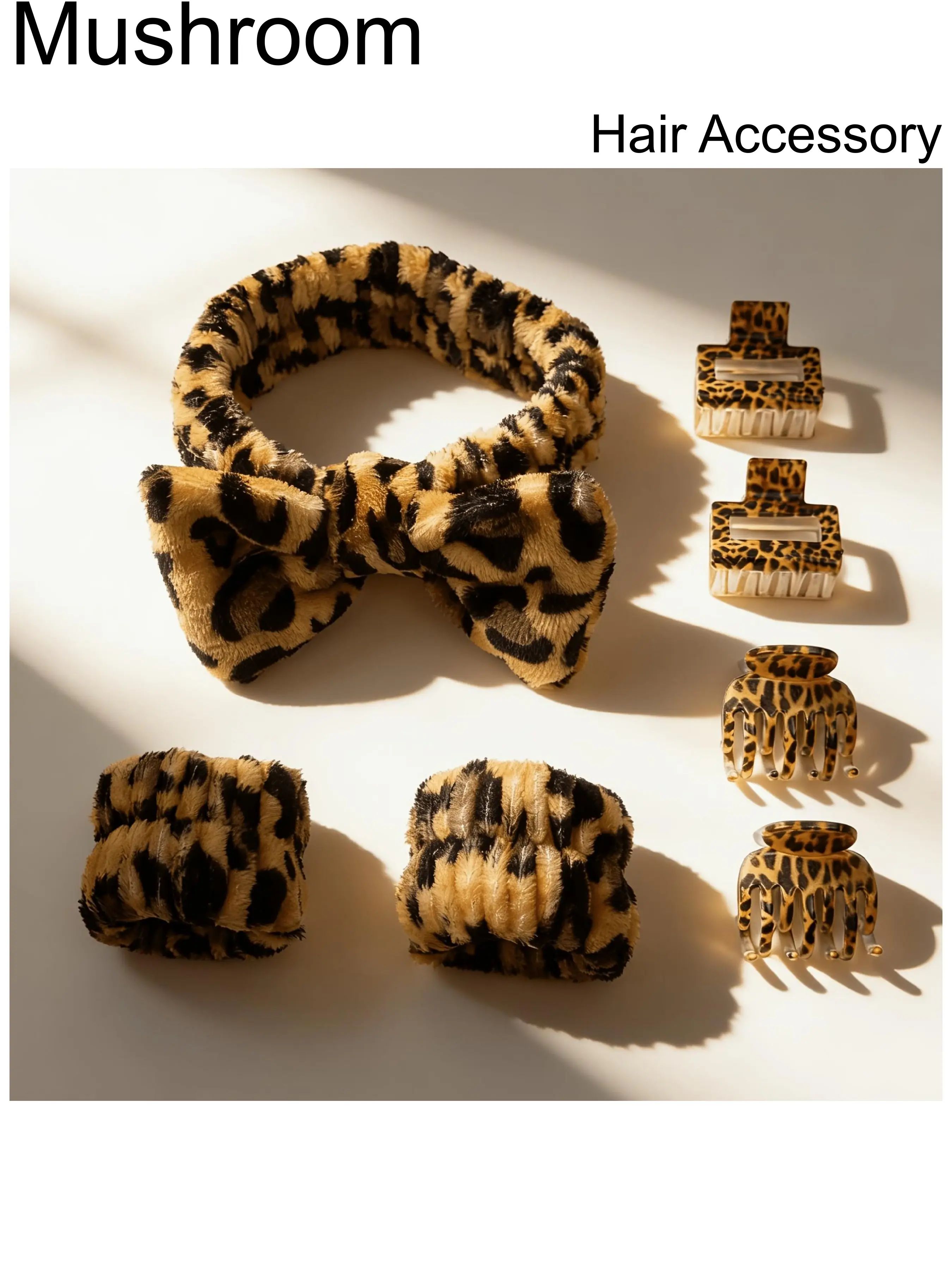 7pcs leopard print styling tool set, Fashionable hair accessories, including bow headband, sweat absorbing wristband, leopard print medium-sized hair clip, suitable for pajama parties, birthday parties, holiday gifts and hairstyle styling accessories