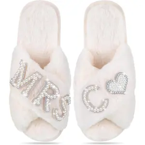 Bride Slippers Mrs Slipper for Wedding with Personalized Initial Pearl Design Bridal Gifts