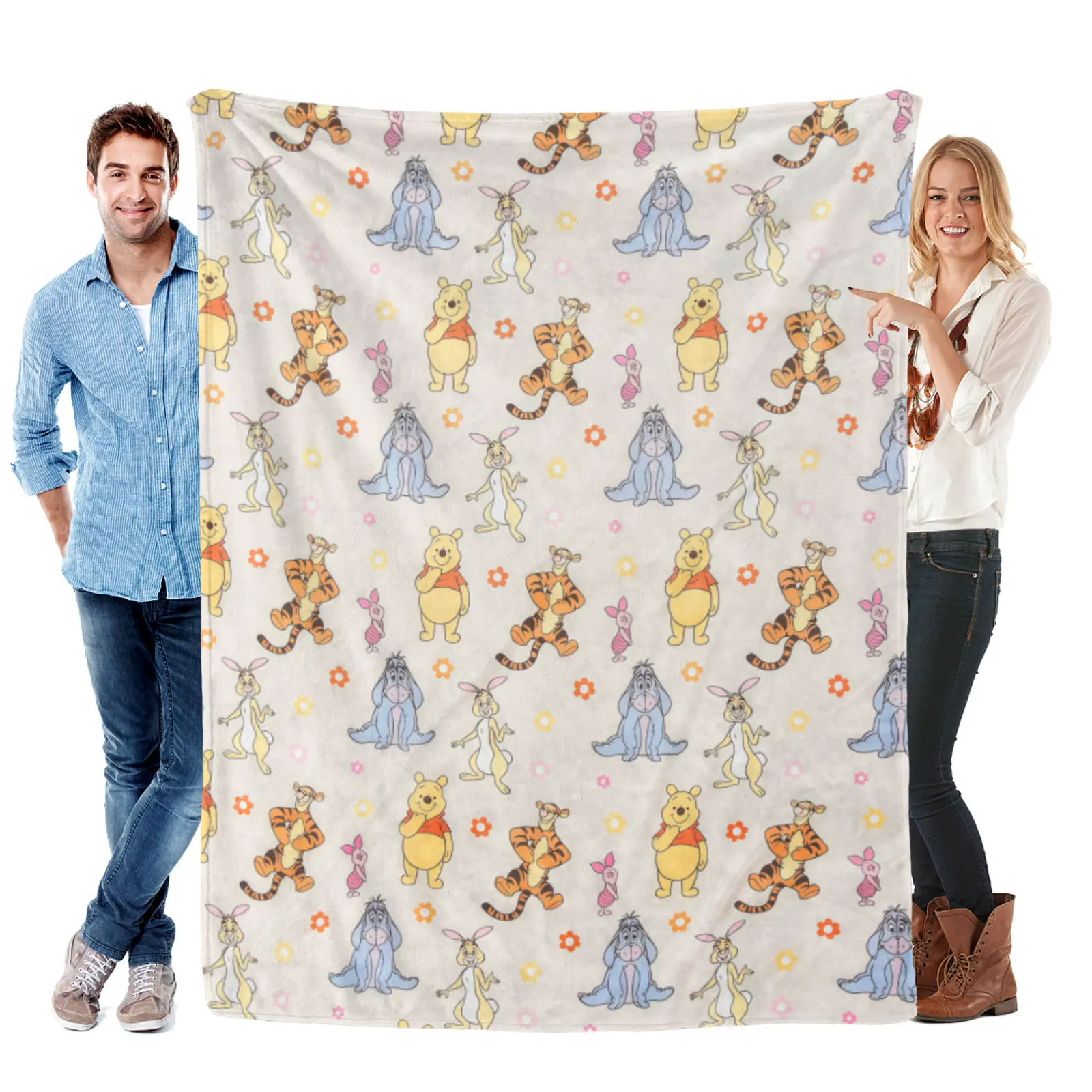 [Summervibes] Disney Winnie The Pooh Full Crew Floral Repeat Blanket, Cream Background Pooh Tigger Piglet Eeyore Rabbit Flannel Throw, Cute Cartoon Bed Blanket For Kids Nursery Decor