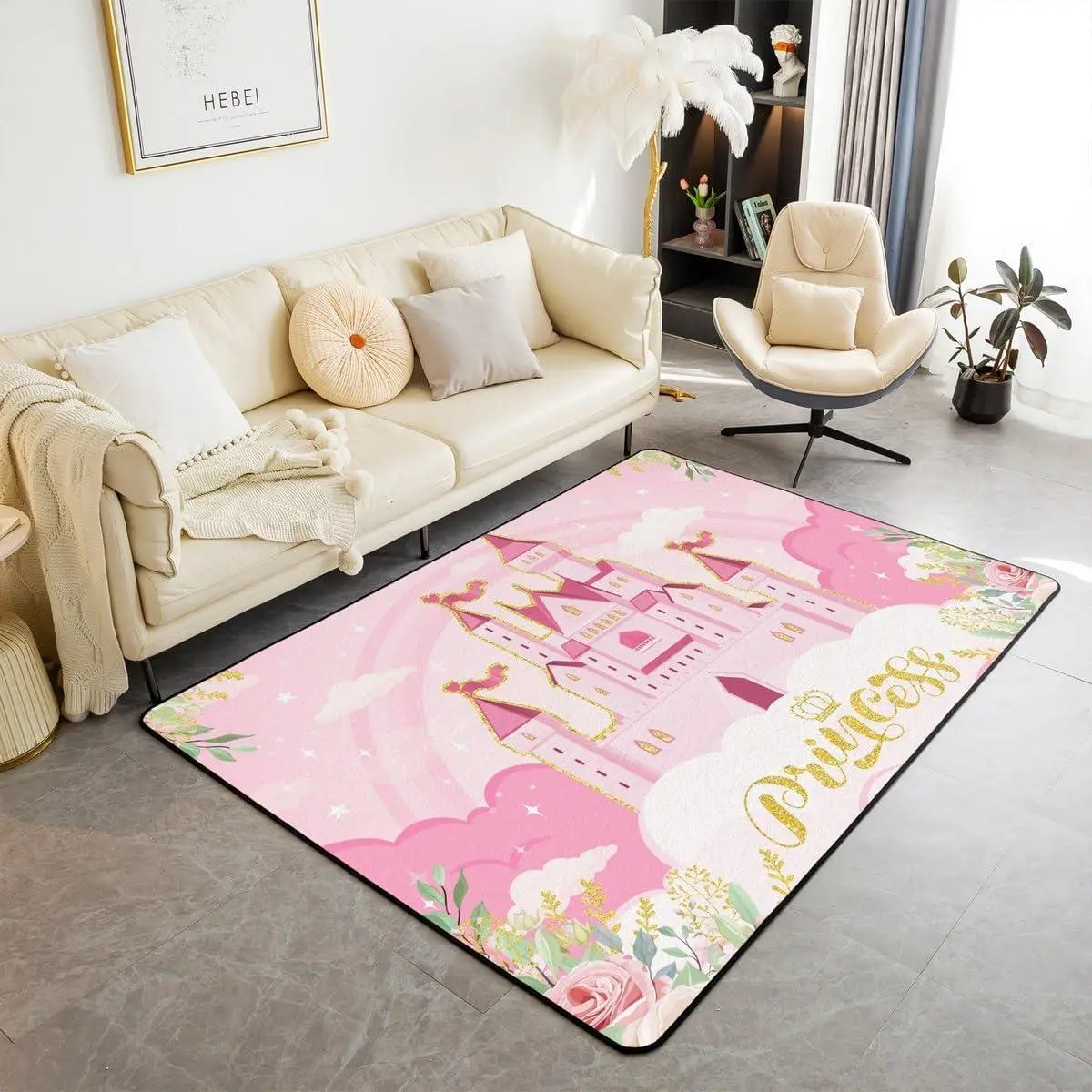 Princess Girls Living Room Rugs Area Rug ,Pink Castle Garden Flowers Cute Rug for Warm Indoor Floor Mat,Dreamy Fairy Tale Theme Princess Kawaii Non-Slip Decorative Rug