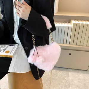 Women's Fuzzy Furry Heart Purse Y2K Top Handle Shoulder Bag Sweet Style Crossbody Bag with cute soft small Balls pendant for Weddings Birthdays and More