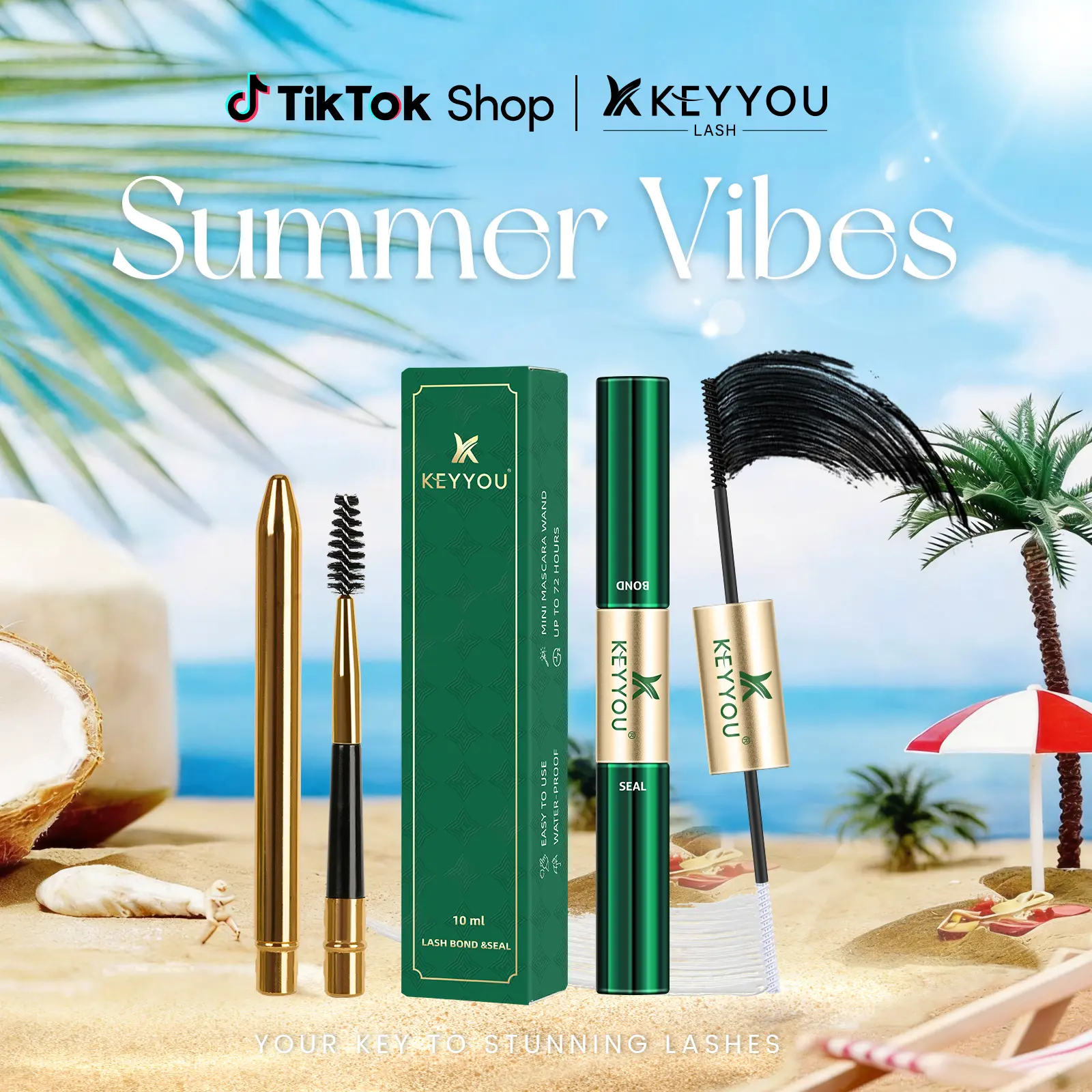KEYYOU Waterproof Lash Bond & Seal 10ml with Mascara Brush- Eyelash Adhesive for Long-Lasting Makeup - Eyelashes