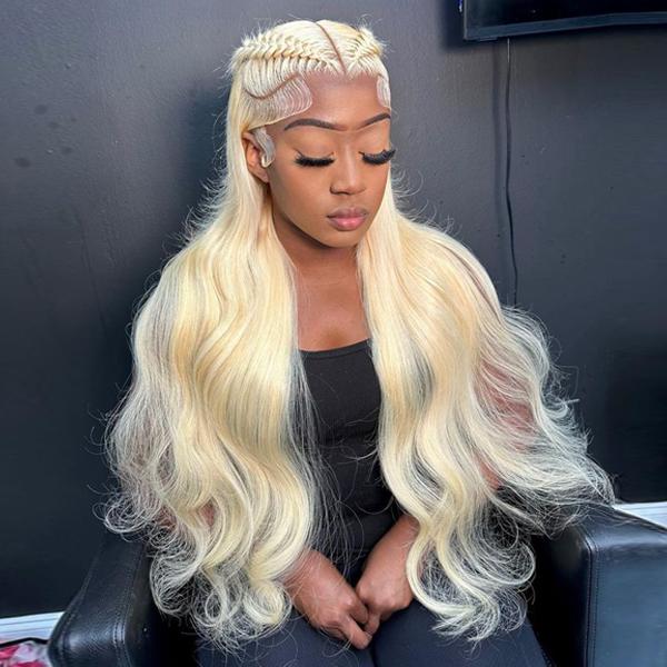 Anyweek 613 Lace Front Wig Human Hair Body Wave Blonde Wig 13x4 HD Transparent Lace Frontal Wigs Pre Plucked Glueless Wigs for Women