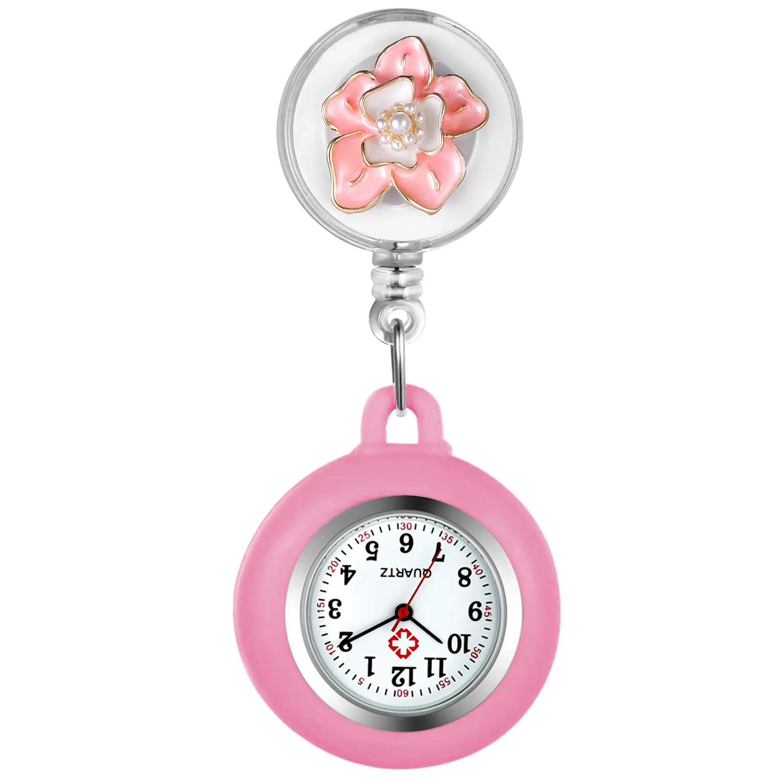 OIDEA Women's Pink Solid Alloy Steel Pocket & Fob Watch, Retractable Clip-On, Faux Pearl Petal Decoration, Quartz Movement, 1ATM Water Resistant, Solid Alloy Steel Pocket & Fob Watches