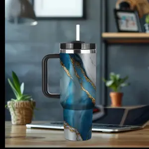 40oz Stainless Steel Insulated Tumbler with Handle & Straw - Marble Blue Gray Design, Reusable, BPA-Free, Perfect for Coffee, Water, Travel, Office Use - Ideal Christmas & Birthday Gift