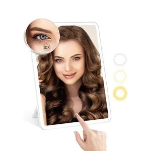 360° Rotating LED Makeup Mirror with 10X Magnifying Mirrors, Rechargeable Travel Vanity Mirror with Lights Dimmable 3 Color Lighting and Brightness Portable Cosmetic Mirror for Desk Lighted Compact Travel Mirror with Touch Screen