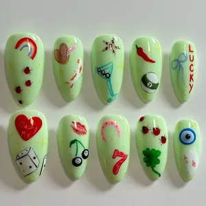 Lucky Charm Press On Nails | Neon Green Casino Evil Eye Ladybug Funky Nails | Hand-painted Y2K Custom Set